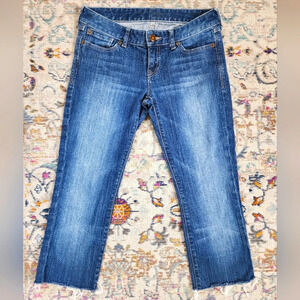 Express Crop Straight Leg Kickers Medium Denim Jeans Fringe Hem, sz 4